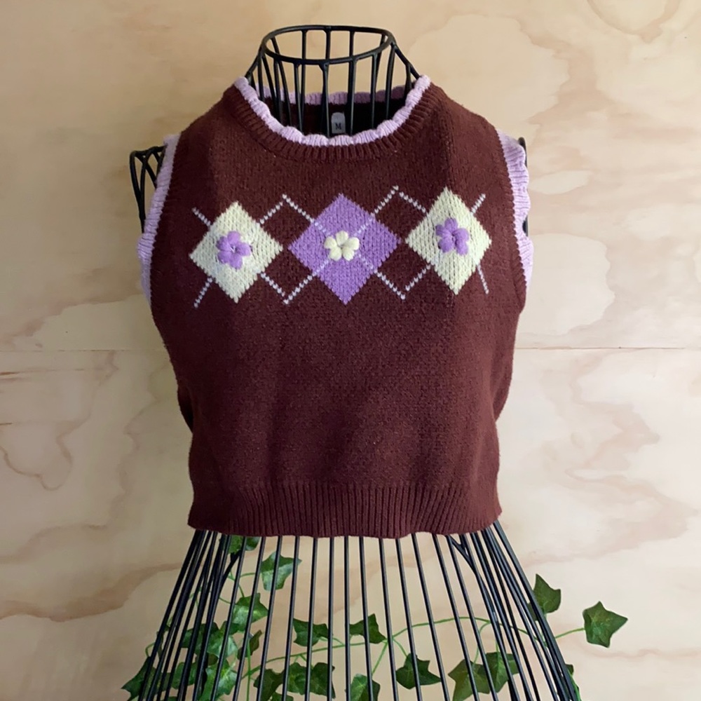 Argyle Pattern Sweater Vest, Brown, Medium Cropped
